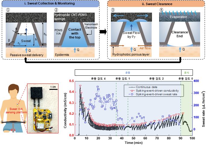 Structure and operating principle of the newly developed sweat sensor patch (top). Spike event-based wireless sweat monitoring clinical study using sweat sensor patch (bottom).