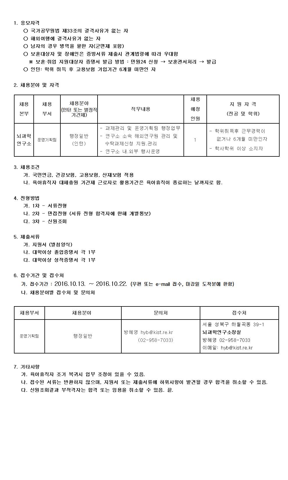 KIST 행정부문 육아휴직자 대체충원(기간제) 공개채용에 관한 상세 내용