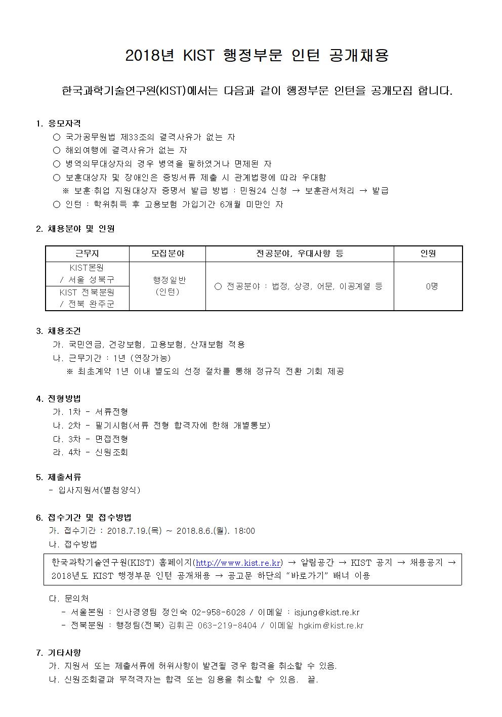 2018년 KIST 행정부문 인턴 공개채용 안내에 관한 내용입니다. 자세한 사항은 맨 아래 온라인 지원서 바로가기 링크를 통해 확인하세요.