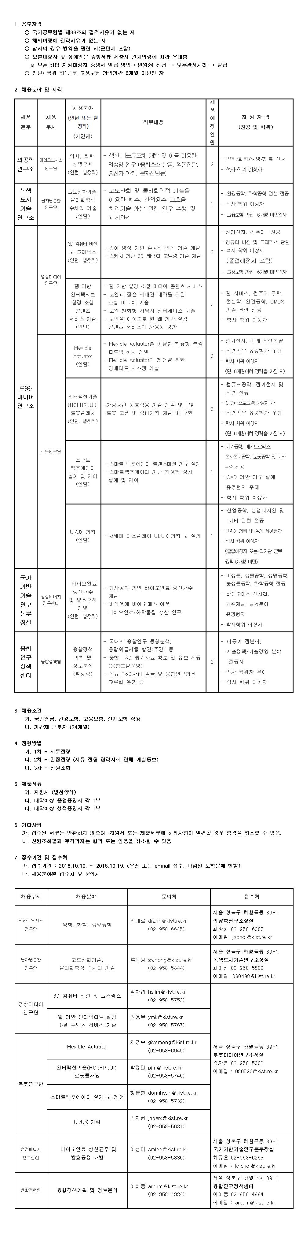 별정직,인턴(기간제)연구원 10월 채용공고 상세내용