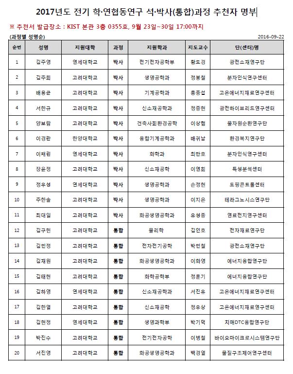 2017년도 전기 학·연협동연구 석·박사(통합)과정 추천자 명부 첫번째